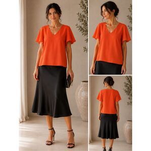 H&M Limited Edition Orange Red V Neck Flutter Sleeve Blouse Top Size 8